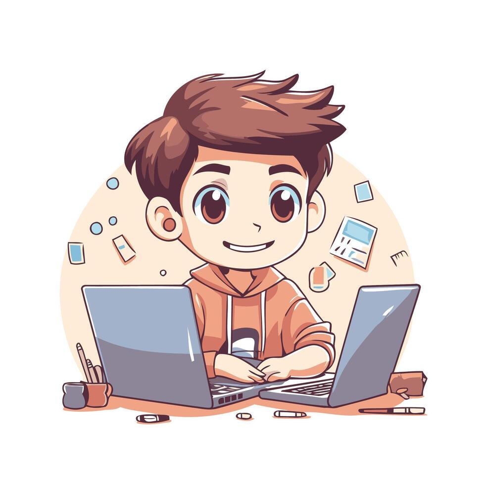 Cute cartoon boy working on laptop at home element illustration vector