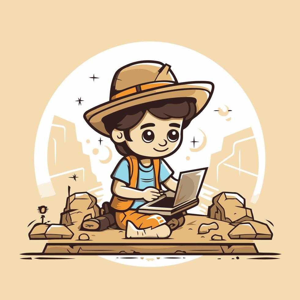 Cute little boy working on a laptop in the park element illustration vector