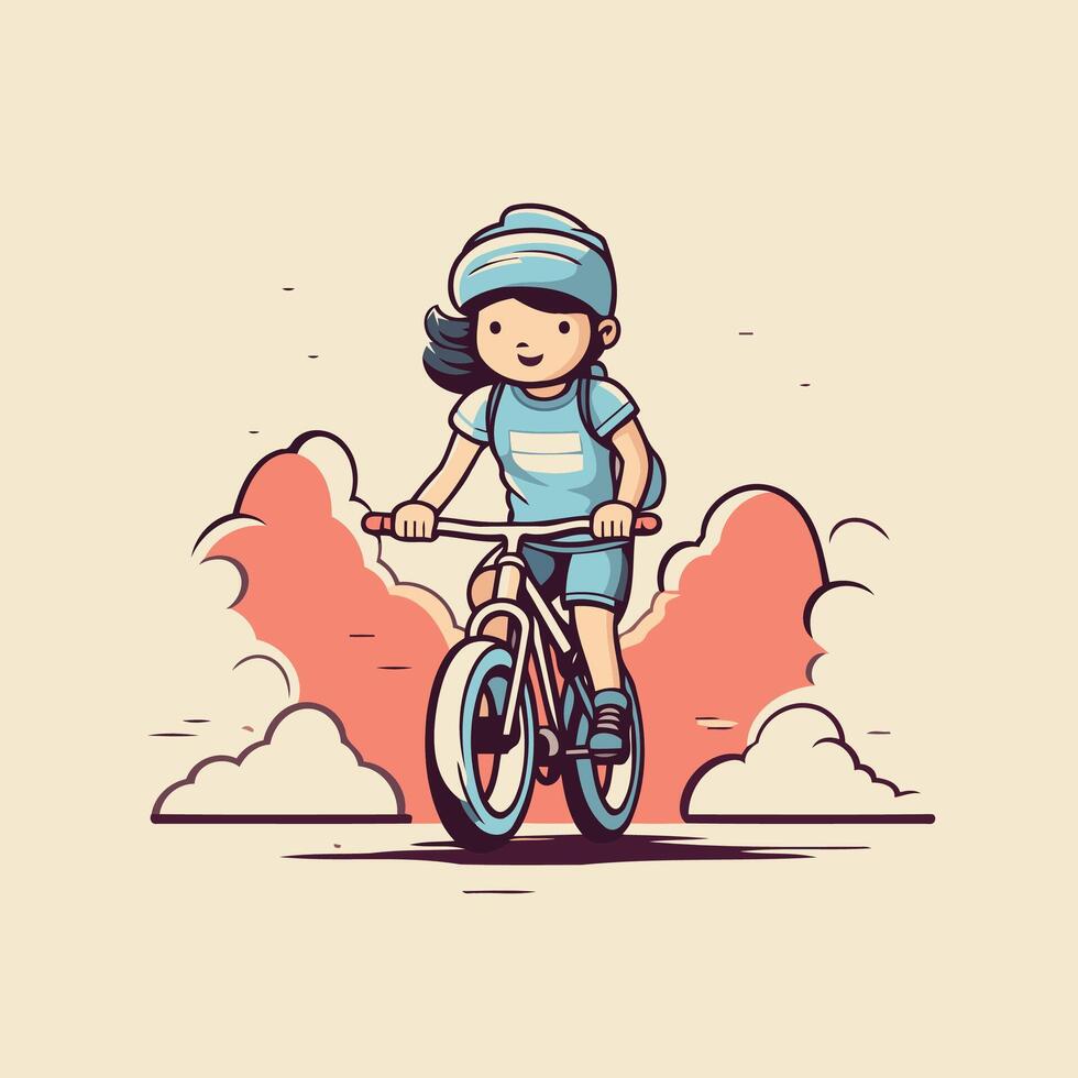 illustration of a girl riding a bicycle with clouds in the background vector