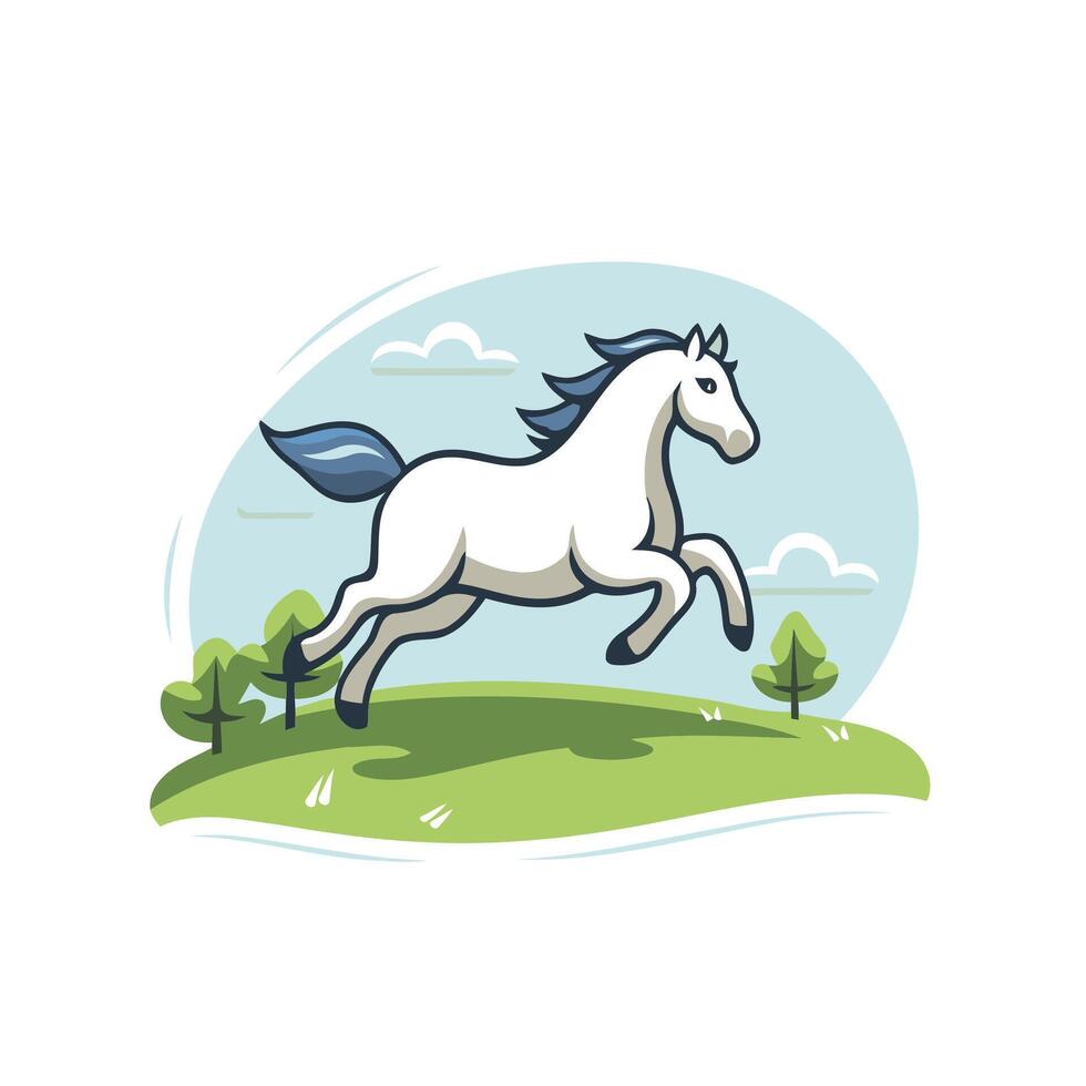 White horse running on the green meadow illustration isolated on white background vector