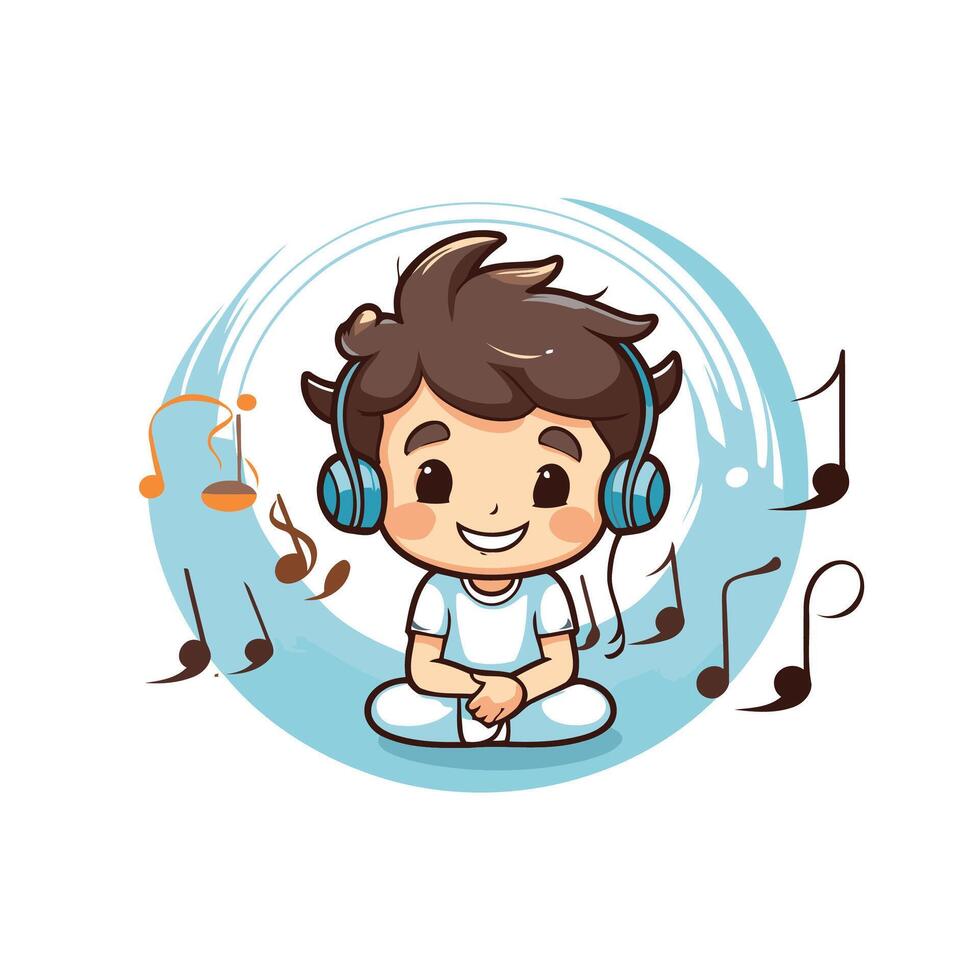 cute boy listening music with headphones over white background colorful design illustration vector