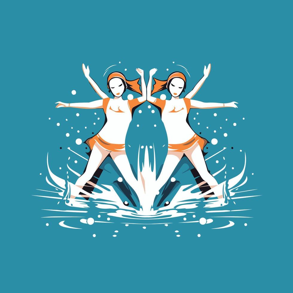 Two girls on roller skates in water illustration for your design vector