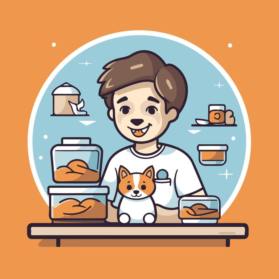 Cute little boy with dog in the pet store element illustration vector