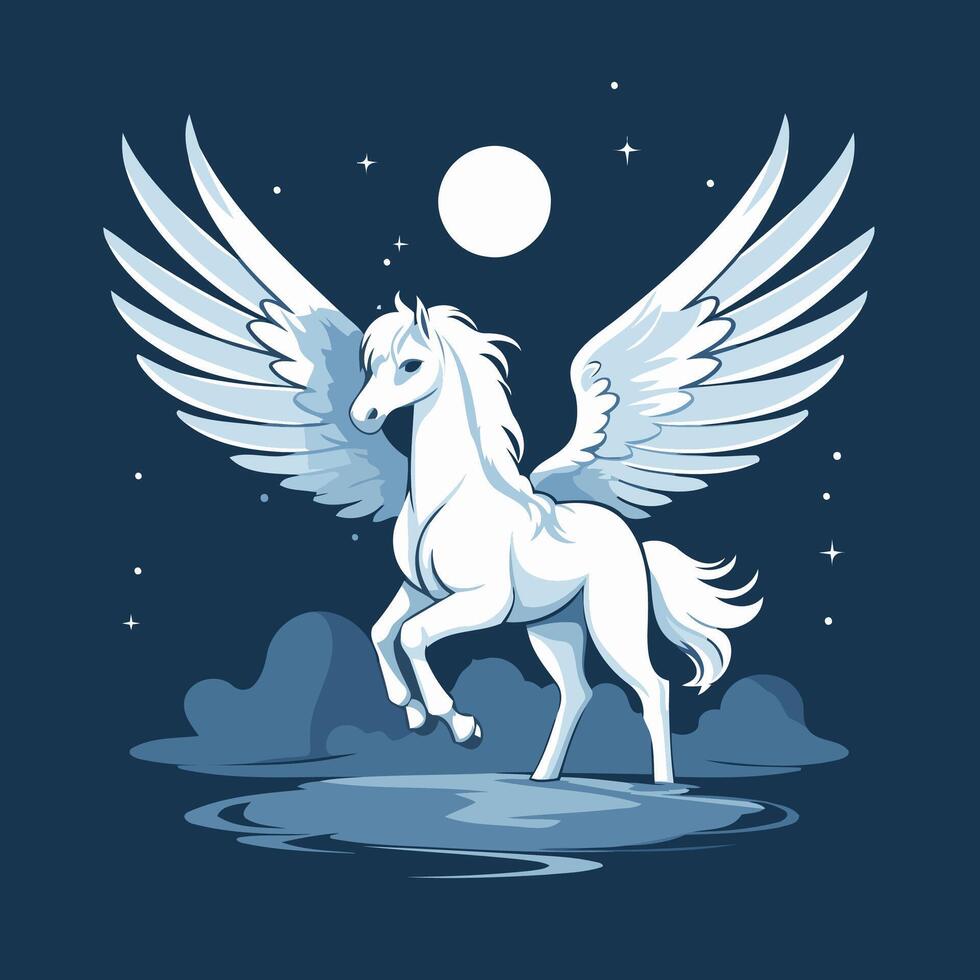 element illustration of a white unicorn with wings in the night sky vector