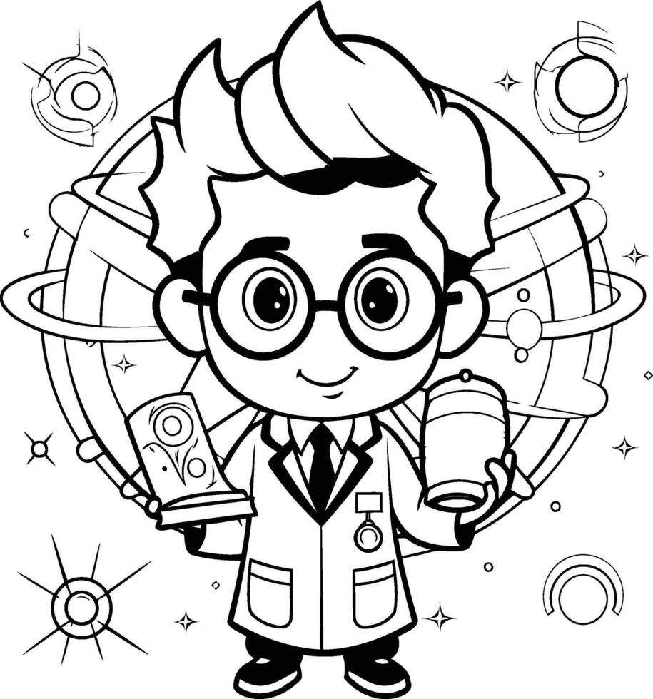 Black and White Cartoon Illustration of Kid Boy Astronaut Character with Glasses and Globe vector