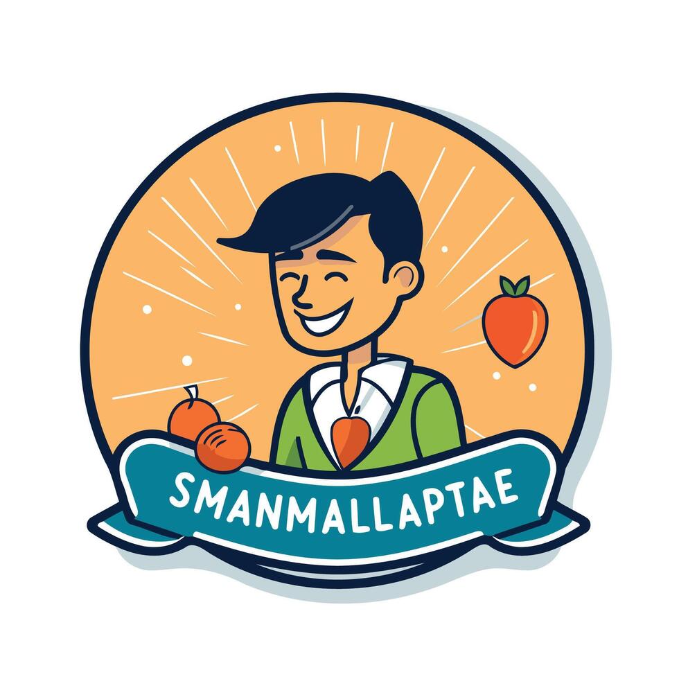 Smiling man with fresh fruits and vegetables illustration in linear style vector