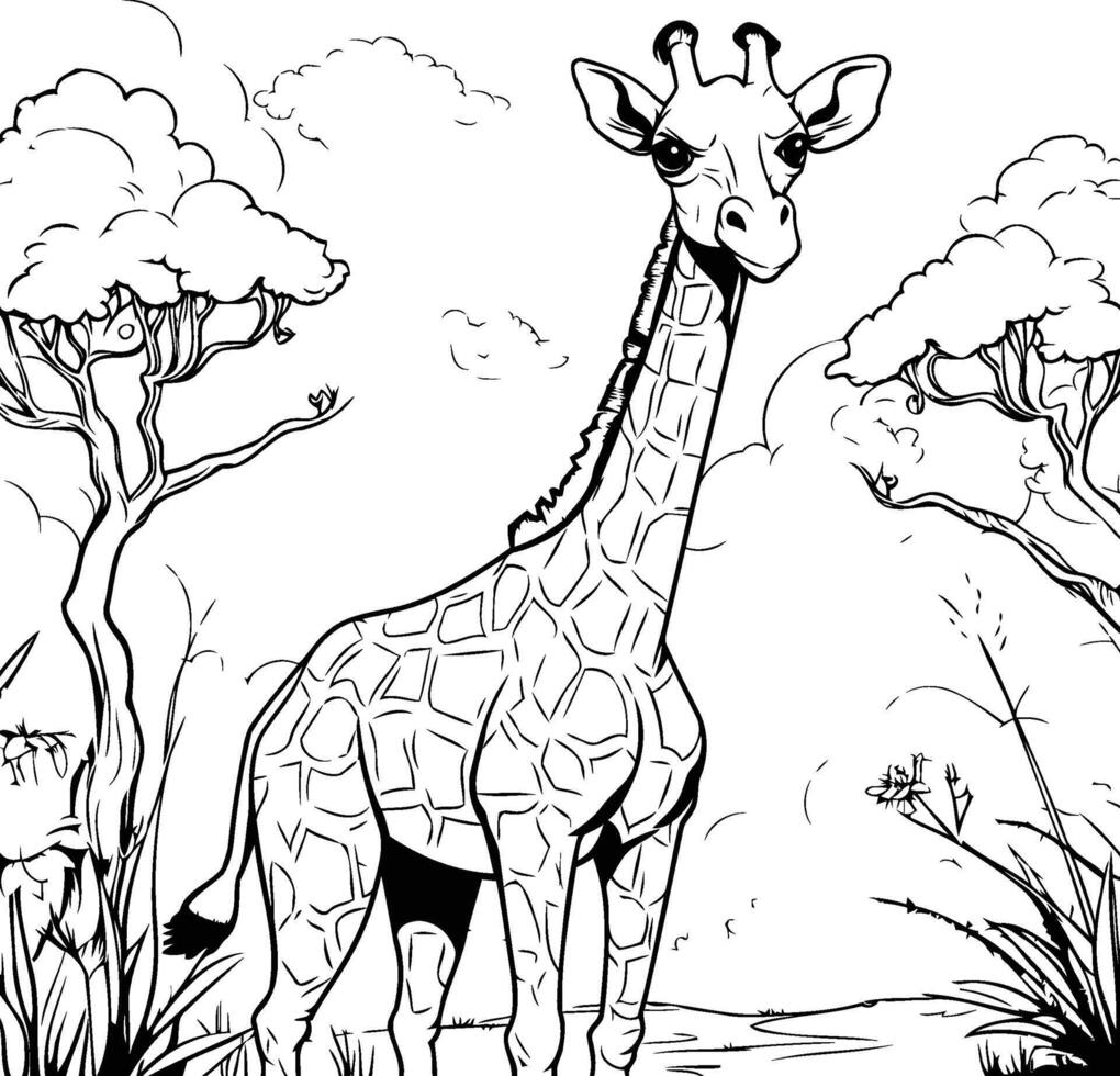 Giraffe in the savanna Black and white illustration vector