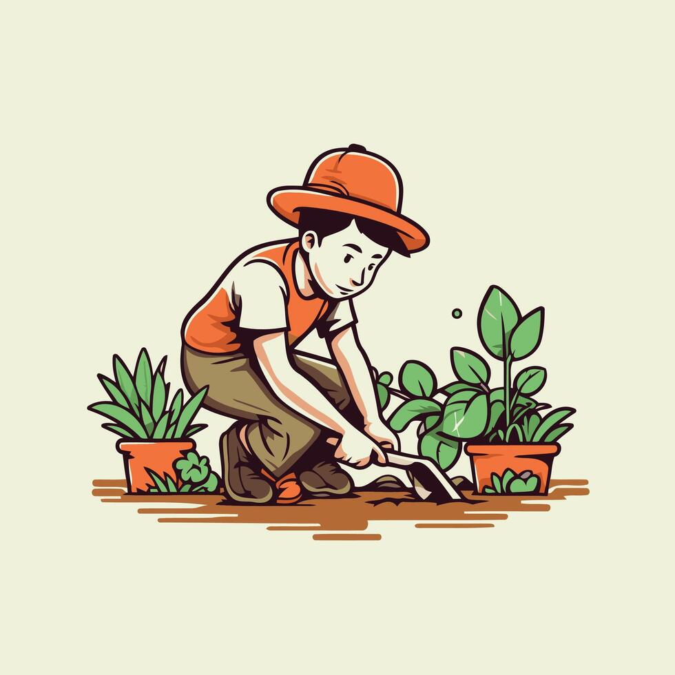 Gardener planting in the garden illustration in cartoon style vector
