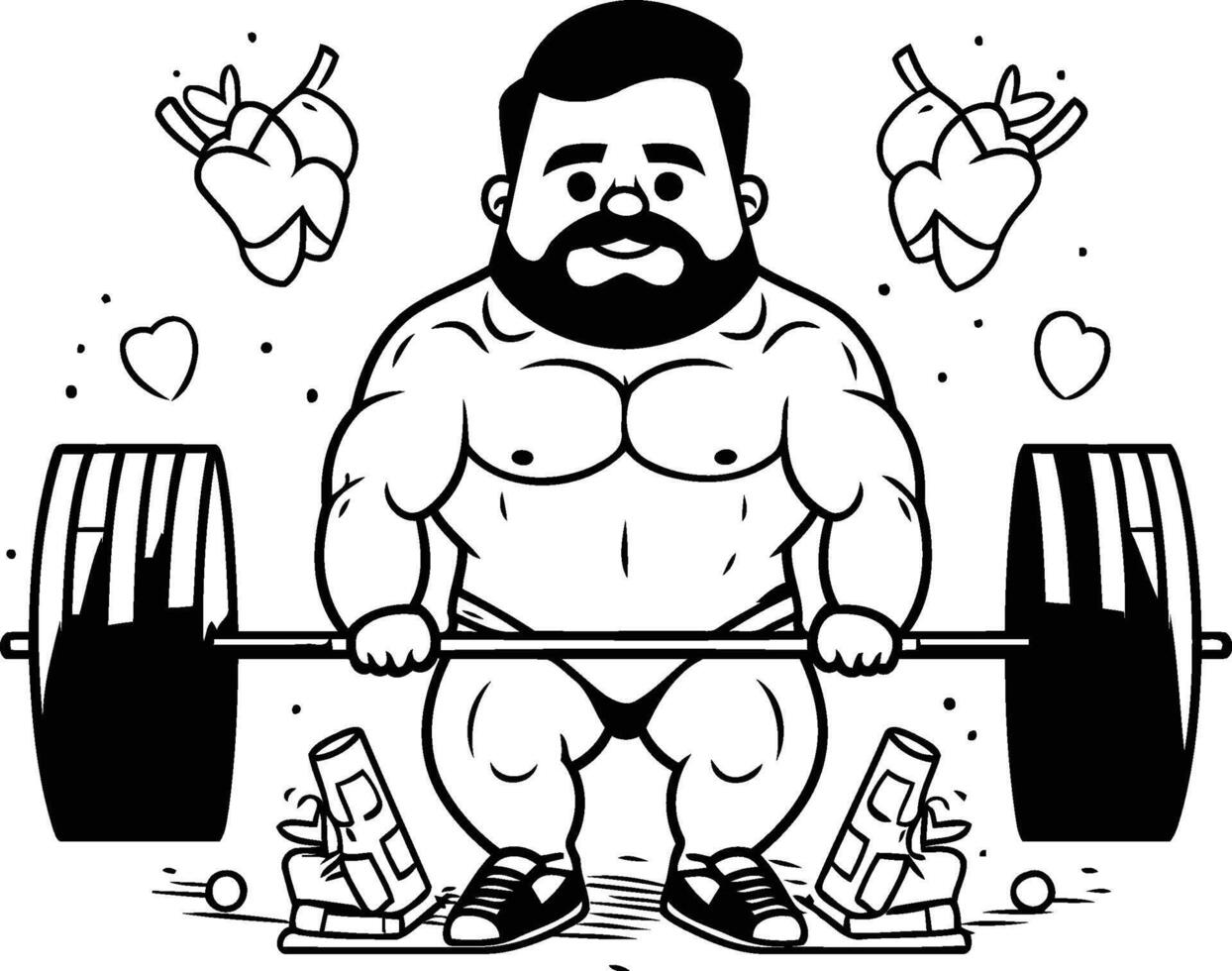 Fat man lifting barbell in the gym Black and white element illustration vector