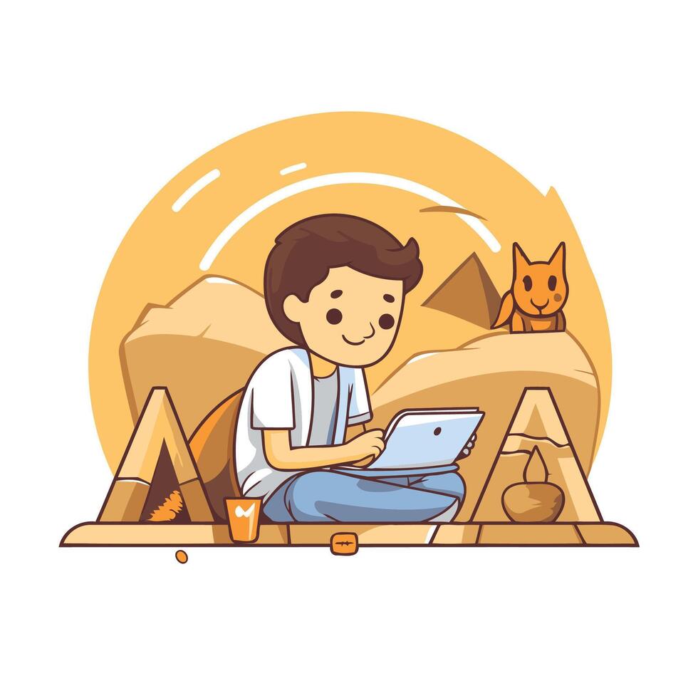 element illustration of a boy sitting in front of a tent with a laptop vector