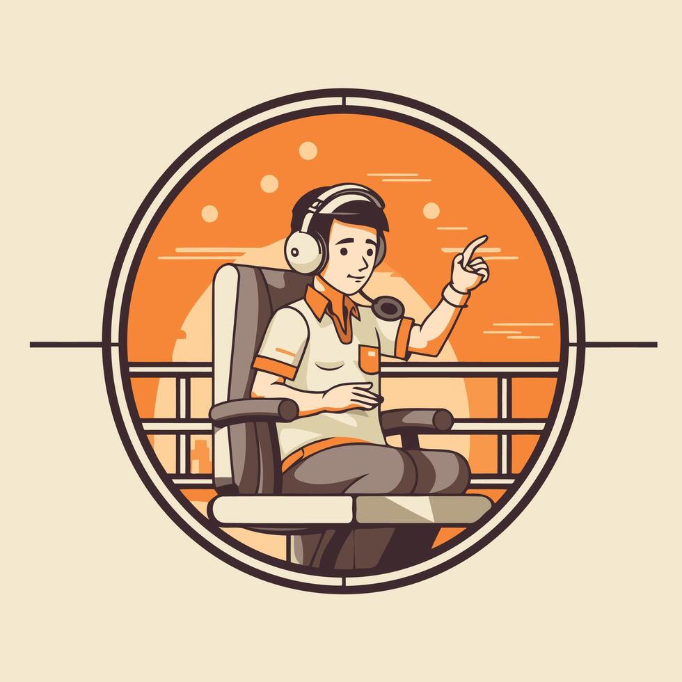Illustration of a male gamer wearing headphones playing online game set inside circle done in retro style vector