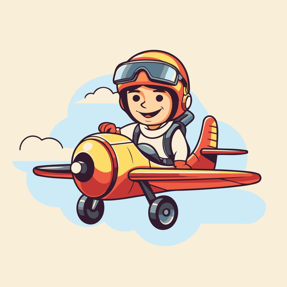 Little boy pilot in a helmet with a toy airplane element illustration vector