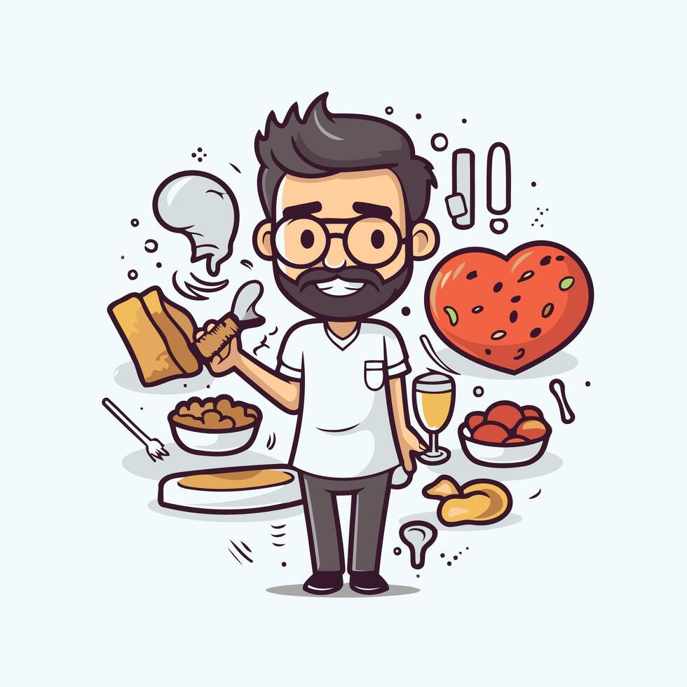 element illustration of a cartoon man with a beard and mustache cooking food vector