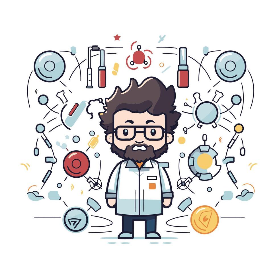 Scientist in science lab coat and glasses element linear illustration vector