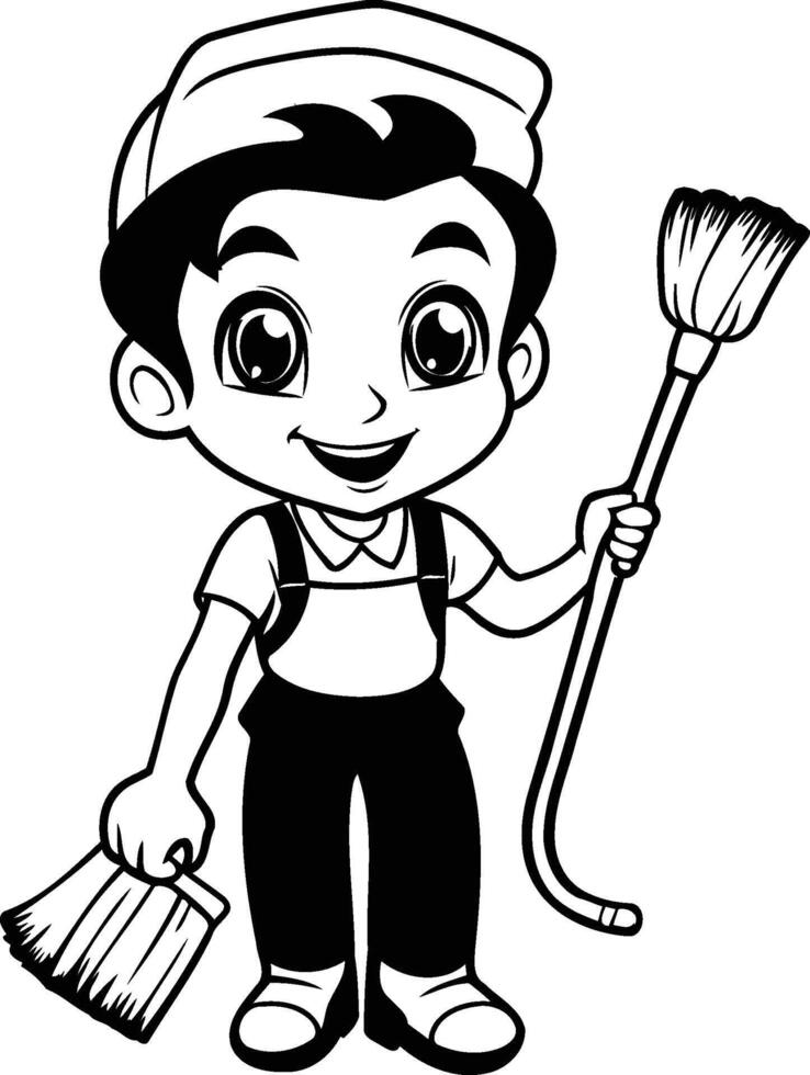 Cute boy with a broom in his hand element illustration vector