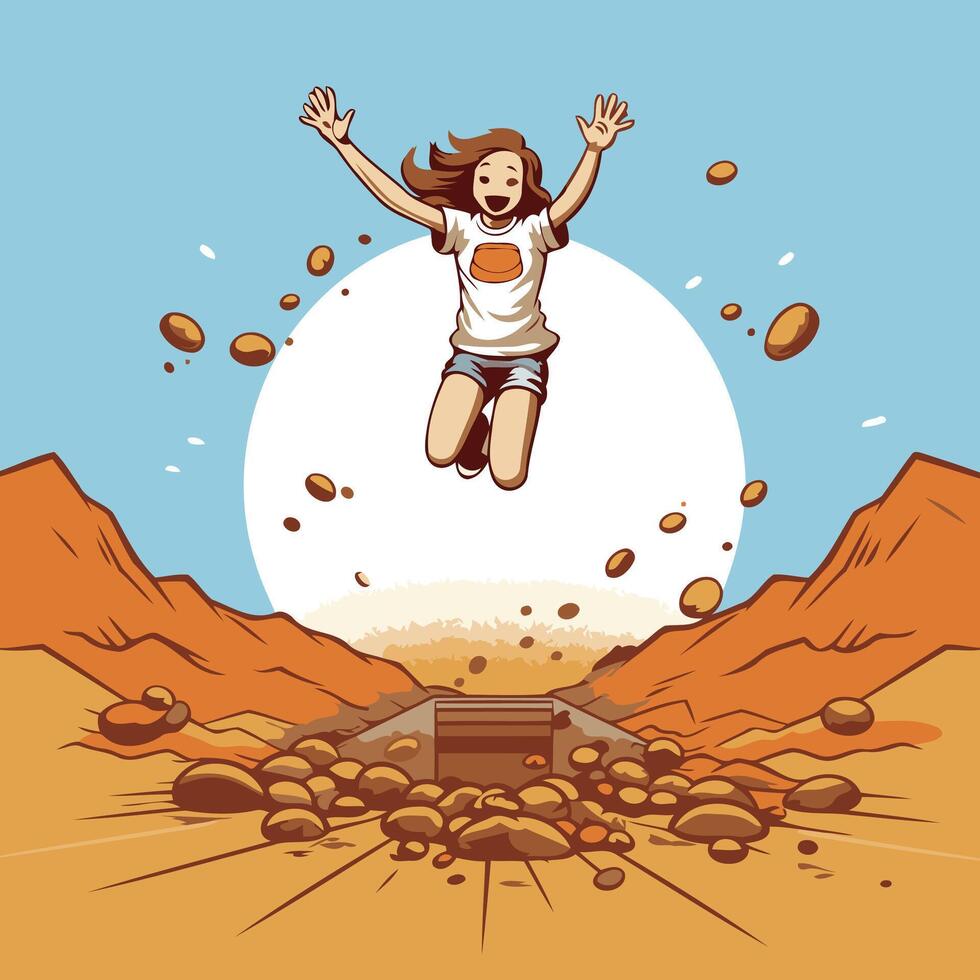 Happy woman jumping in the desert element illustration of a girl jumping in the desert vector