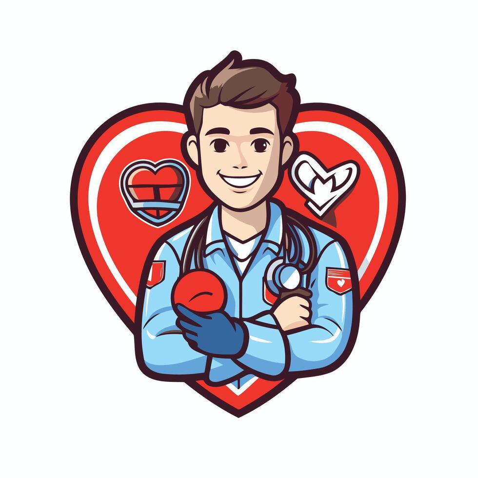 Doctor with stethoscope and heart element illustration in cartoon style vector