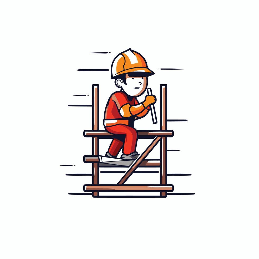 Worker in helmet and overalls on ladder illustration vector
