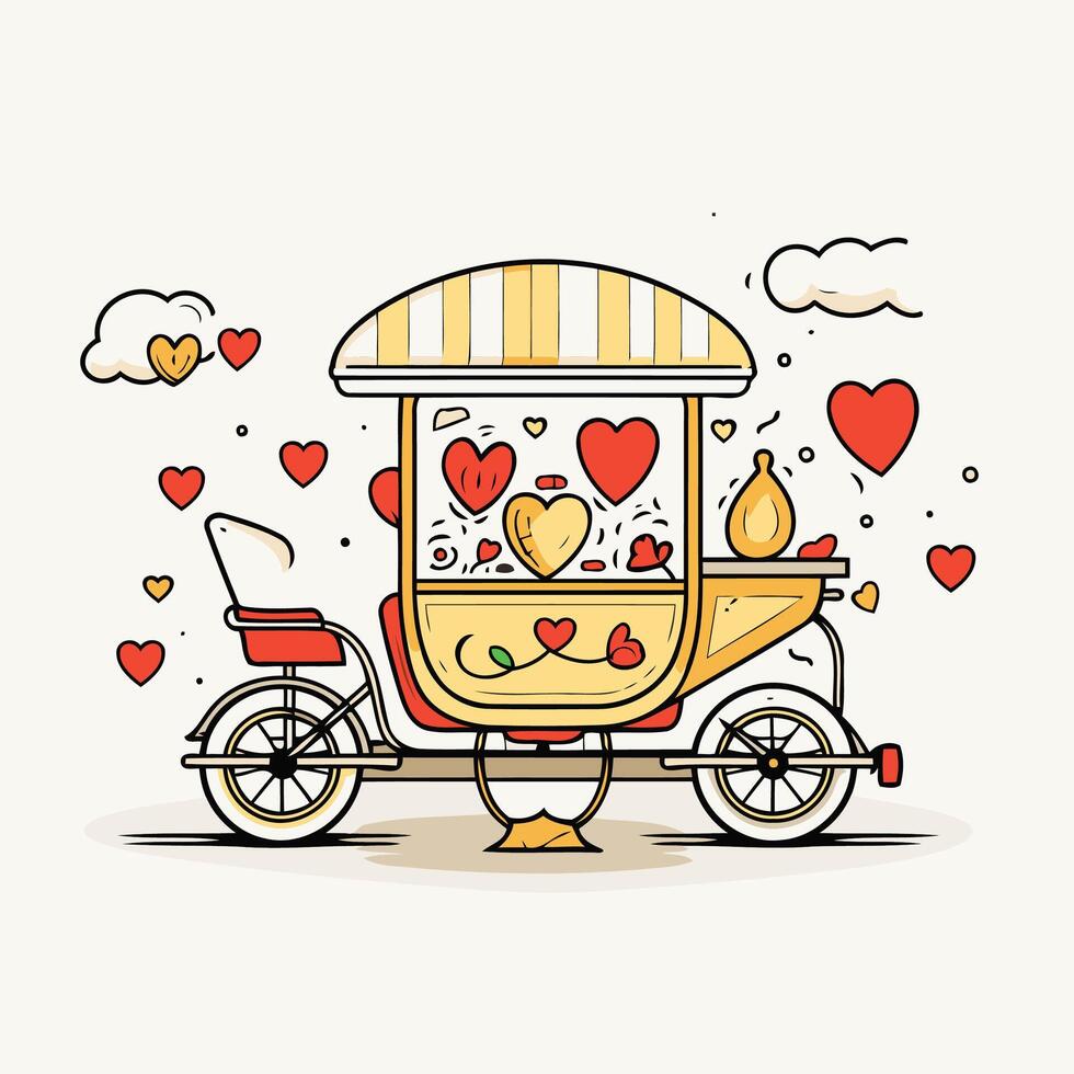 element illustration of a hand drawn cart with food and sweets in the shape of hearts vector