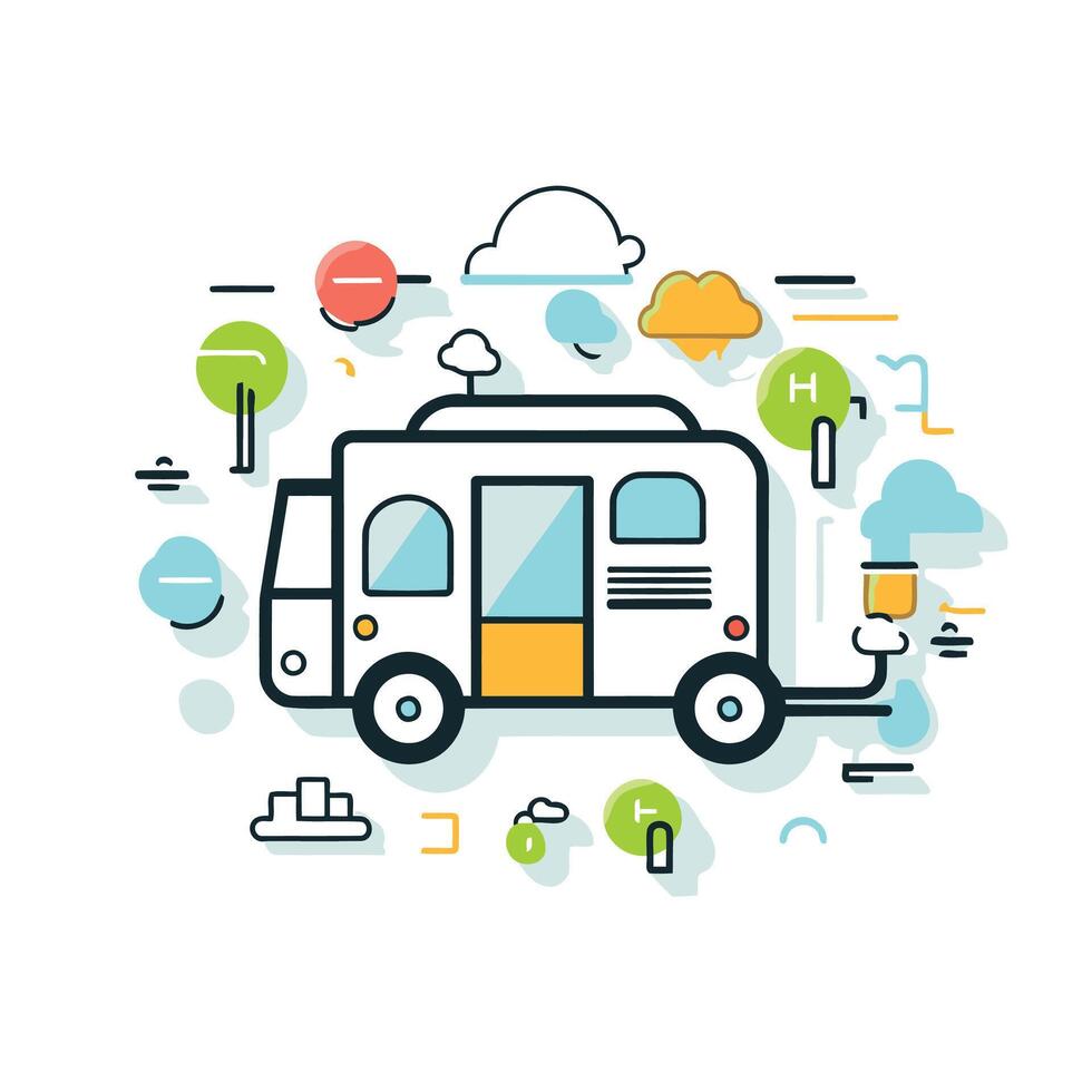 Modern flat line design concept of camping and travel Campervan illustration vector