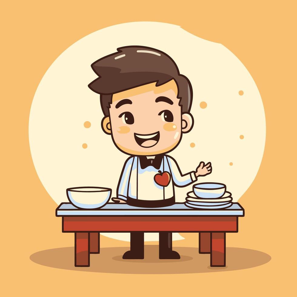 cute boy waiter serving food cartoon element illustration eps 10 vector
