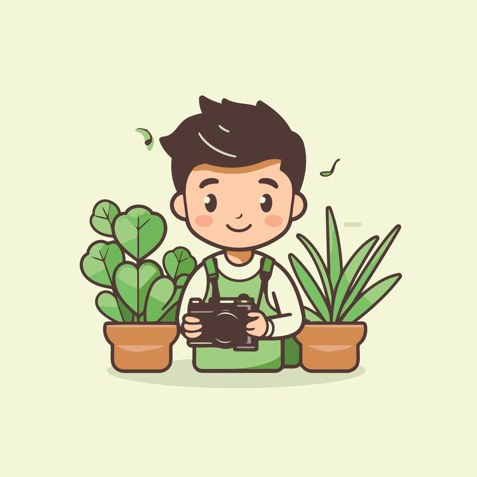 Cute boy holding camera and taking photos element illustration in cartoon style vector