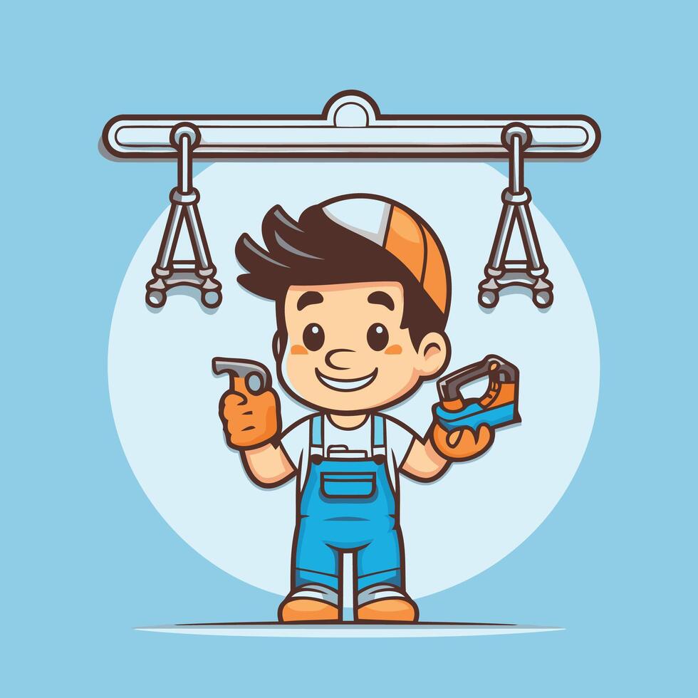 Repairman holding wrench and spanner element cartoon illustration vector