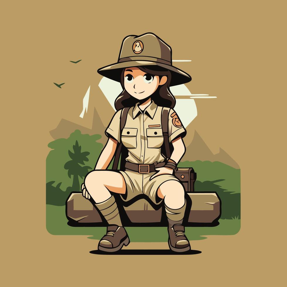 Cute girl in safari outfit sitting on a suitcase element illustration vector
