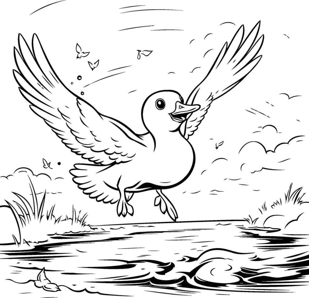 Black and white illustration of a flying seagull on a lake vector