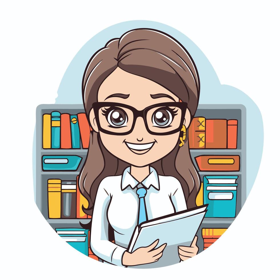 girl student with book and glasses in the library element illustration graphic design vector