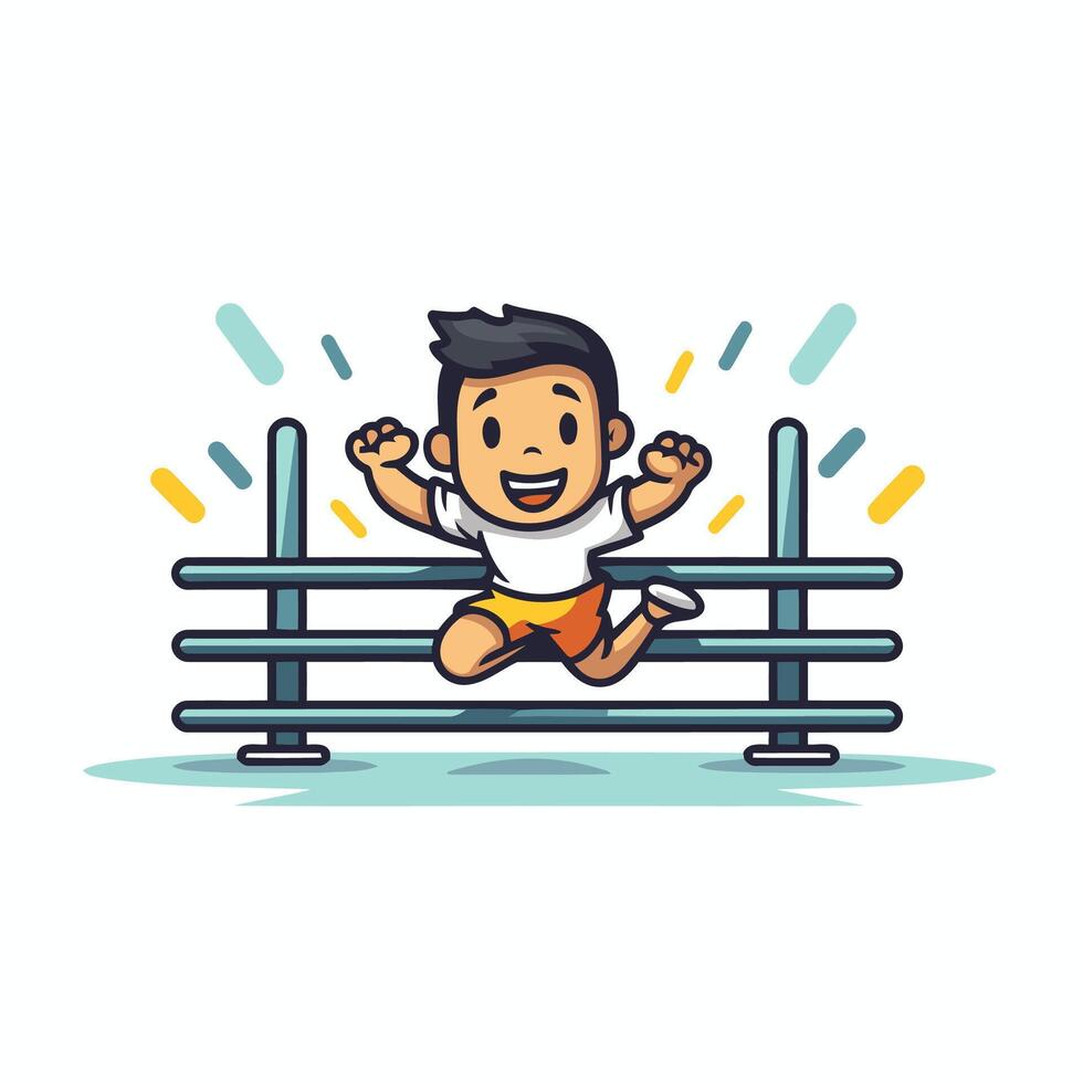 Happy boy jumping over barrier illustration in flat cartoon style vector
