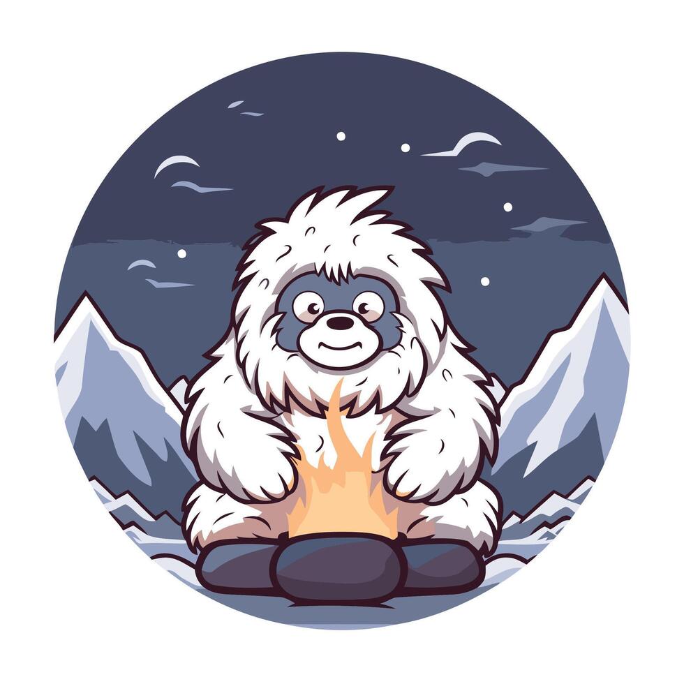 element illustration of a cute cartoon bear sitting near the campfire in the mountains vector
