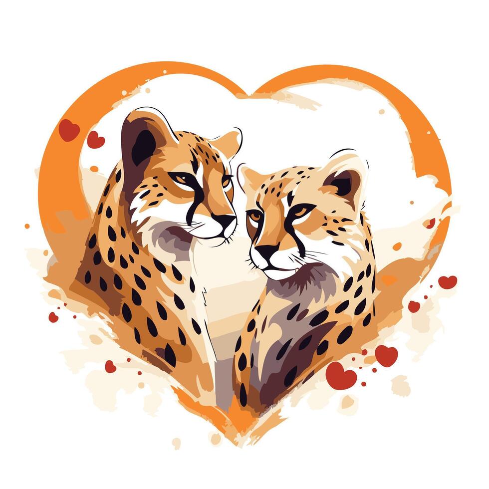 Two cheetah heads in heart shape with splashes element illustration vector