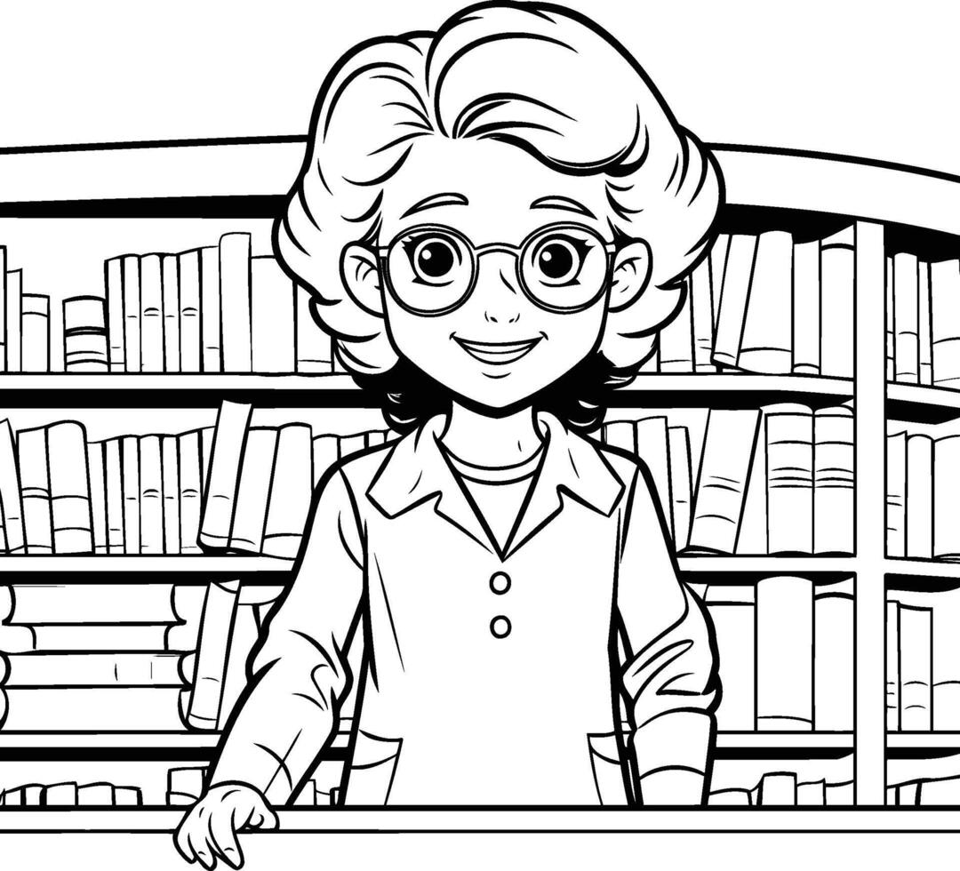 Black and White Cartoon Illustration of Little Girl Student in Glasses at the Library vector