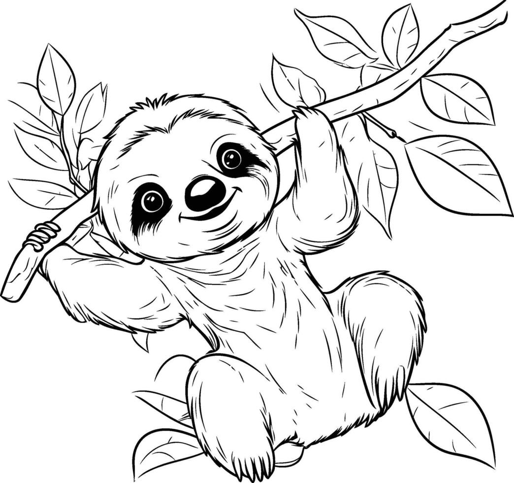 Sloth hanging on a tree branch Hand drawn illustration vector