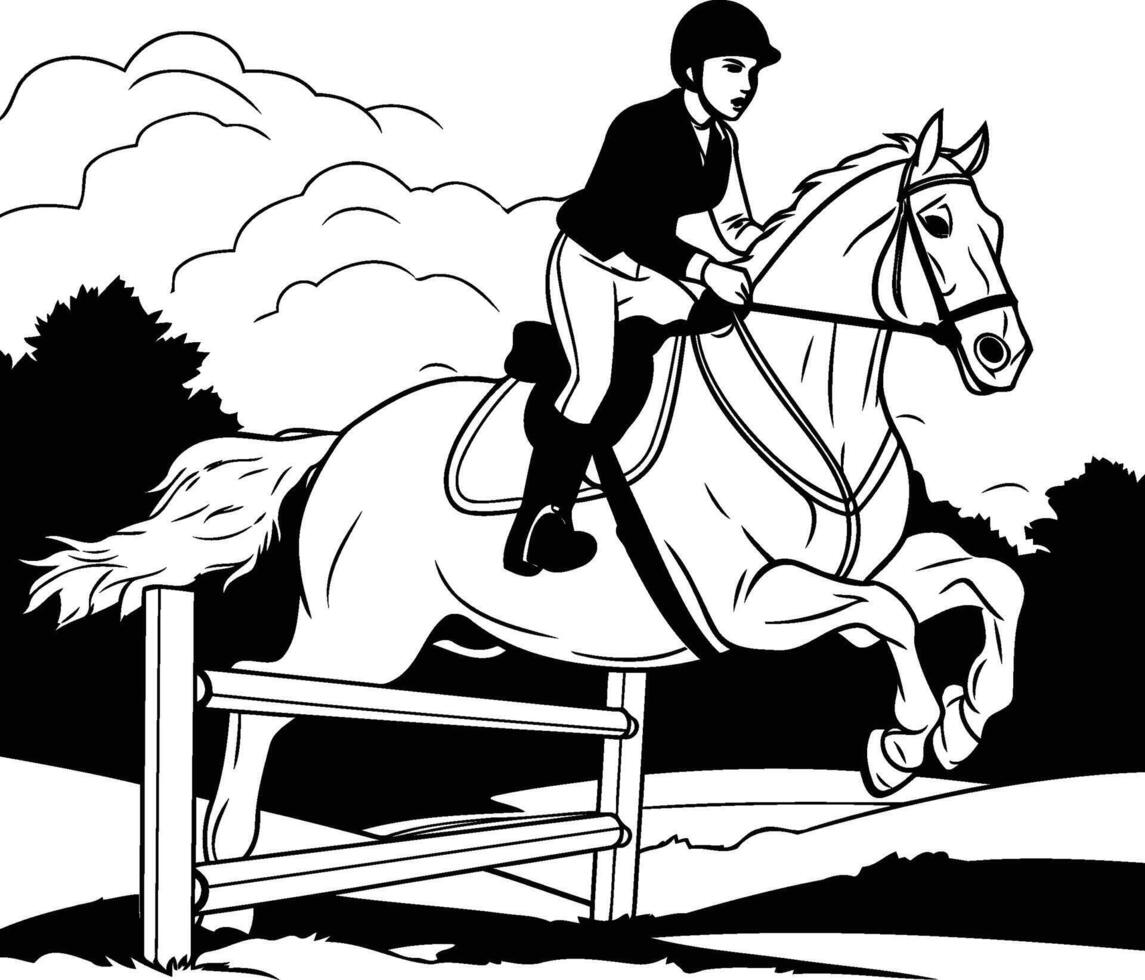 Jockey on horse jumping over obstacles black and white illustration vector
