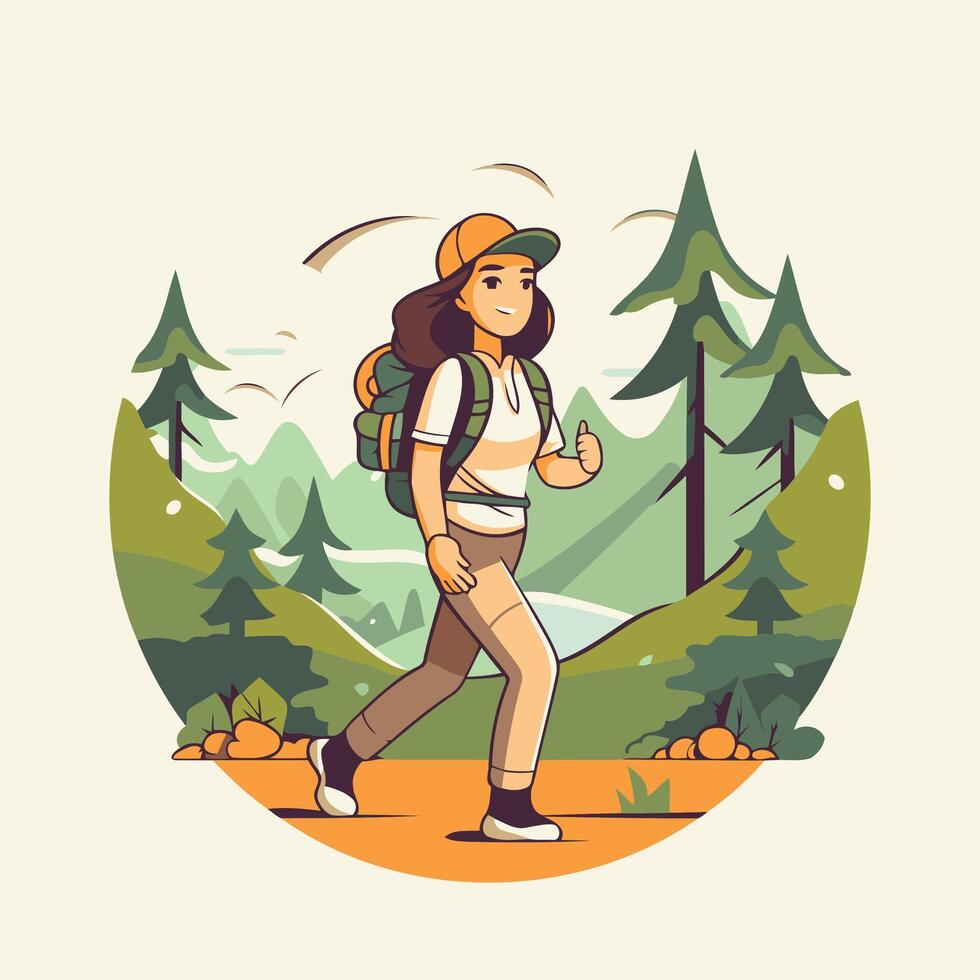 Hiking woman with backpack in forest element illustration in flat style vector
