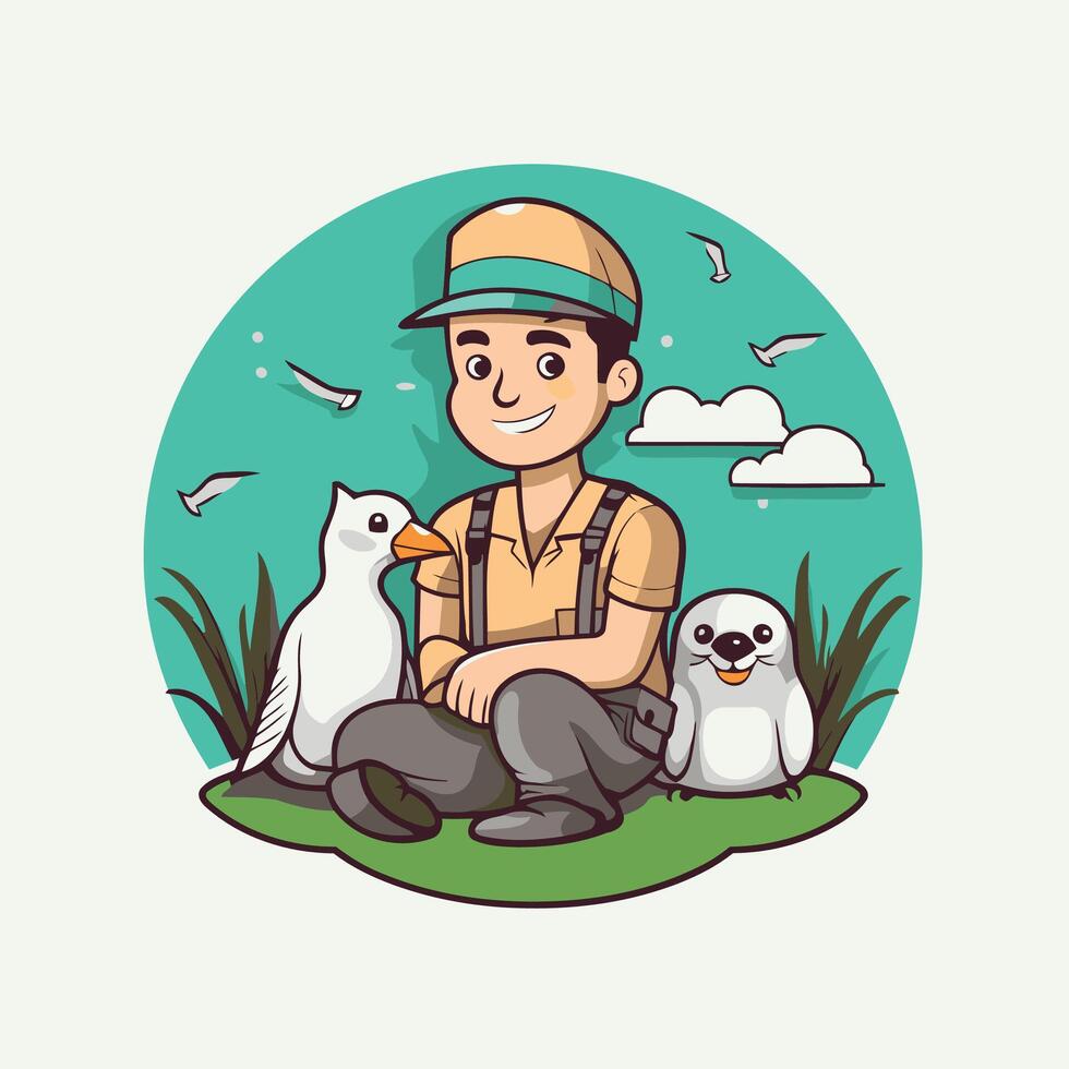 Gardener with seagulls cartoon element illustration graphic design vector