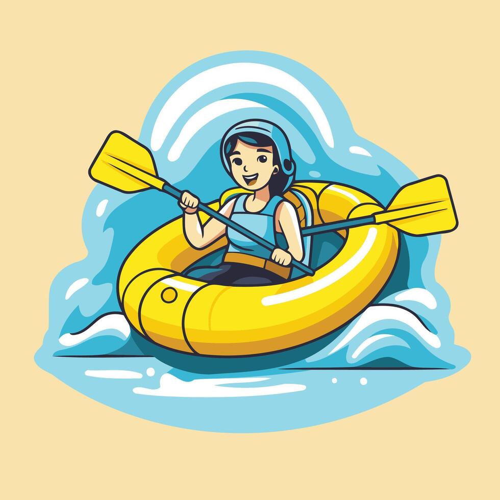 Young woman kayaking in the sea element illustration in cartoon style vector