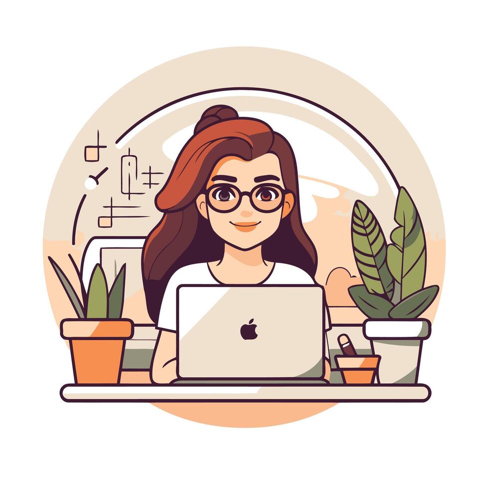 Woman working on laptop at home element illustration in cartoon style vector