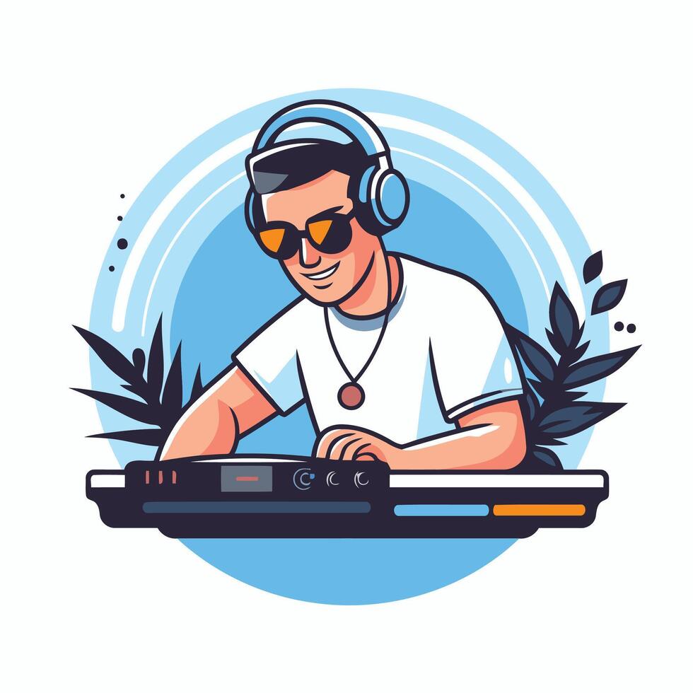 DJ with headphones and mixer element illustration in flat cartoon style vector