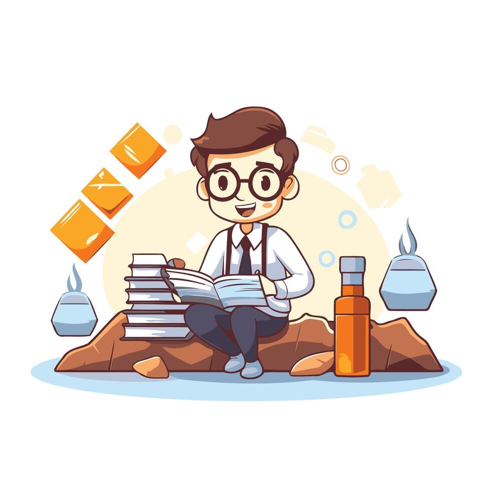 Businessman sitting on the rocks and reading a book element illustration vector