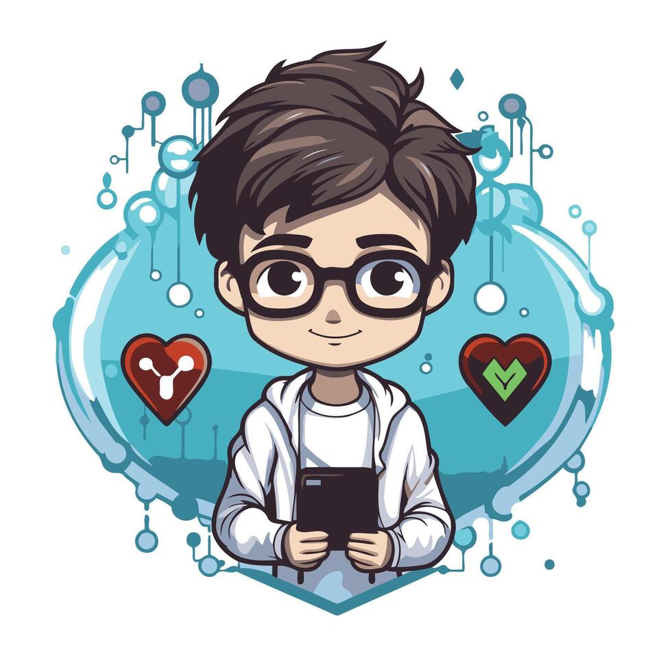 Cute boy with glasses and a mobile phone illustration vector