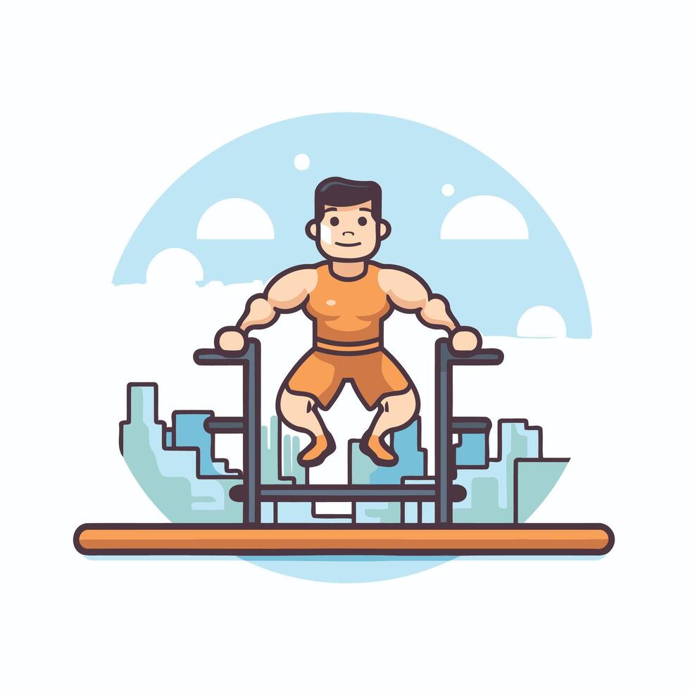 Fitness man doing exercises on crossfit machine Flat element illustration vector