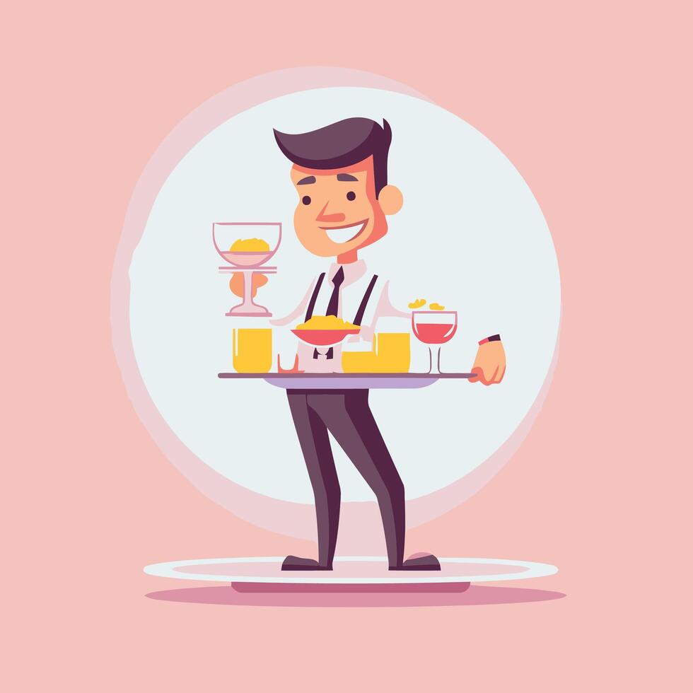 Waiter serving food illustration in flat cartoon style Isolated on pink background vector