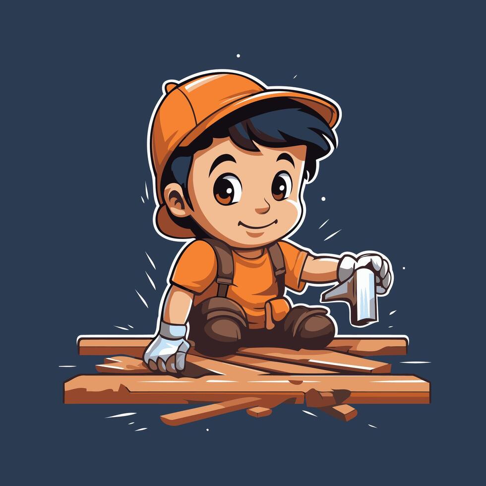 Cute boy working with a wooden beam element cartoon illustration vector