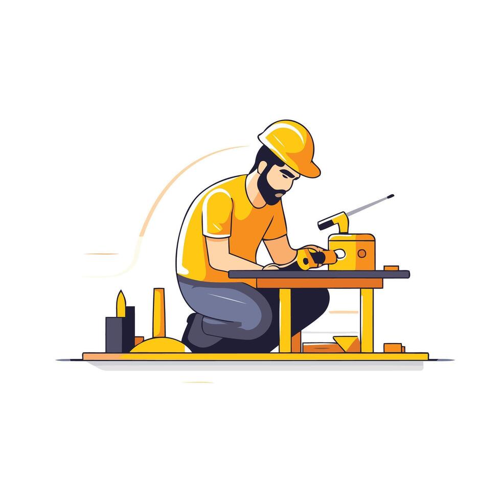 Carpenter working on woodworking machine cartoon illustration vector