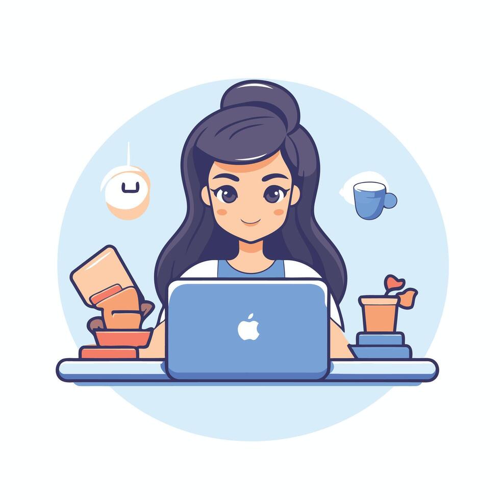 Young woman working on laptop at home element illustration in flat style vector