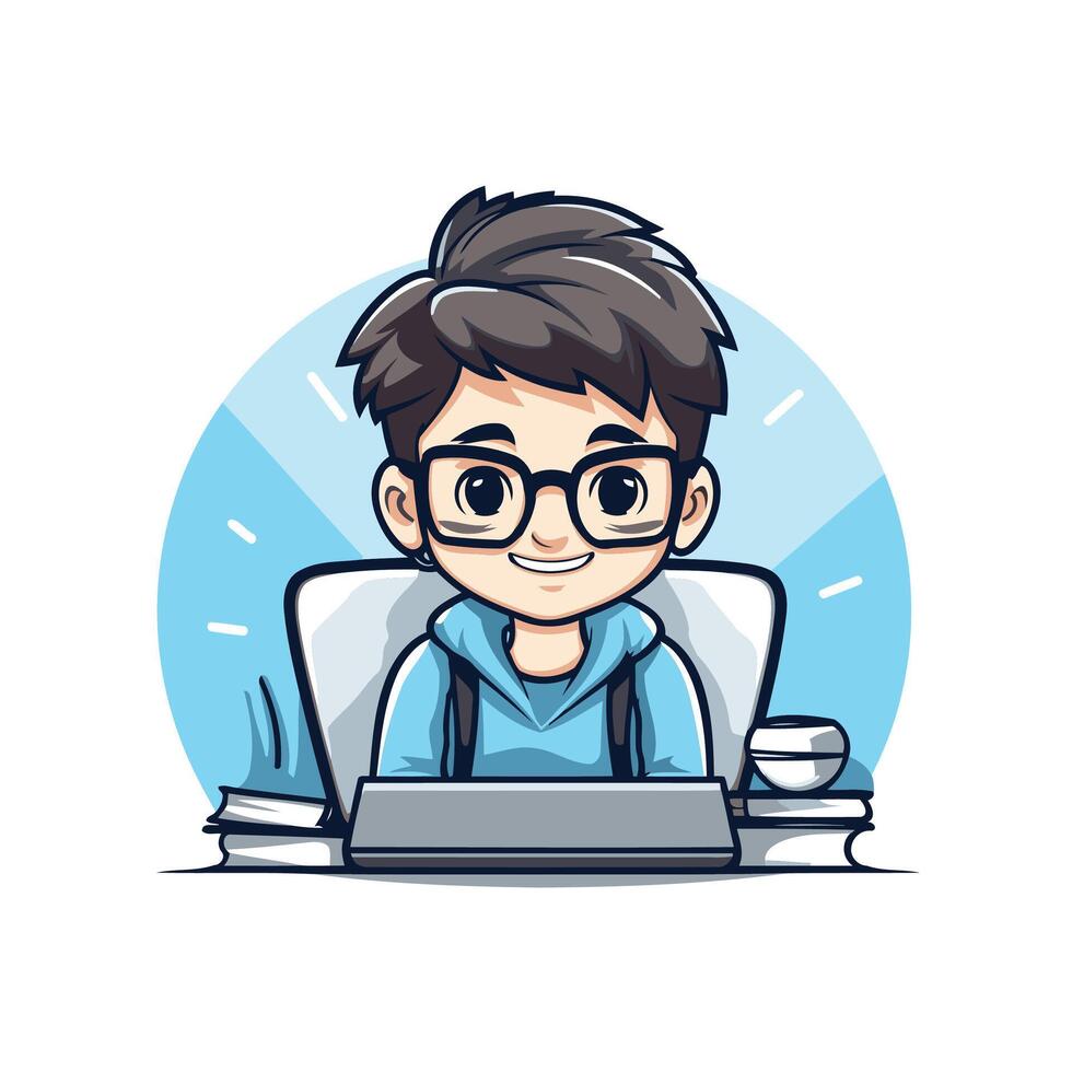 Cute boy working on laptop illustration in cartoon style vector