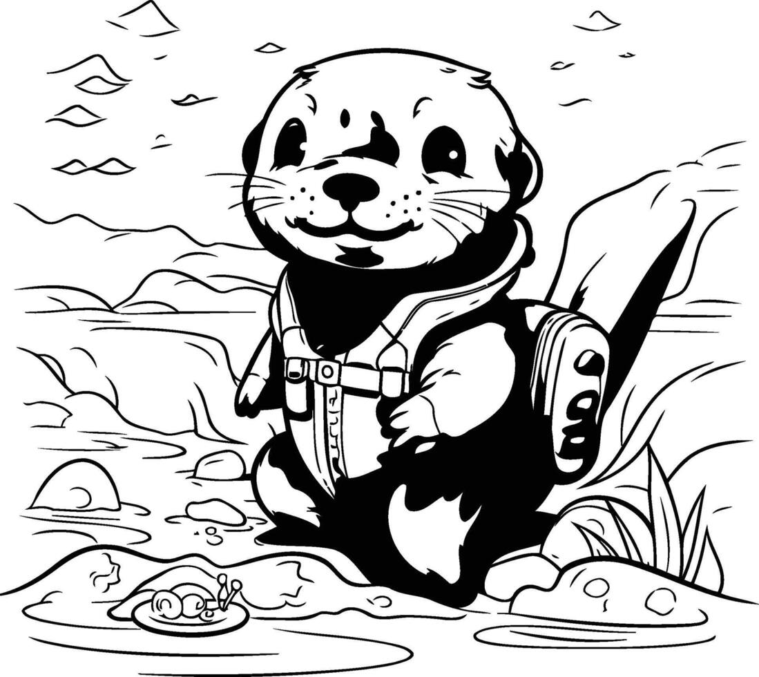 Illustration of a cute otter sitting on the ground and fishing vector